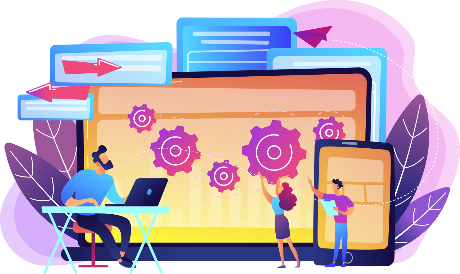 Illustration of developers working on a laptop and interacting with a large screen showing gear icons and data