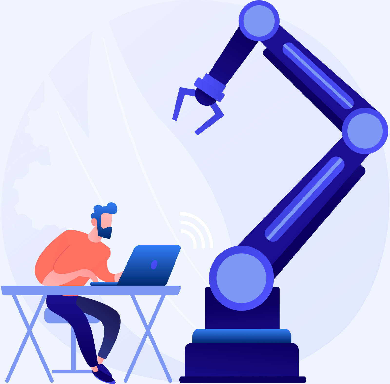 Illustration einer Person, die neben einem großen Industrieroboterarm an einem Laptop arbeitet