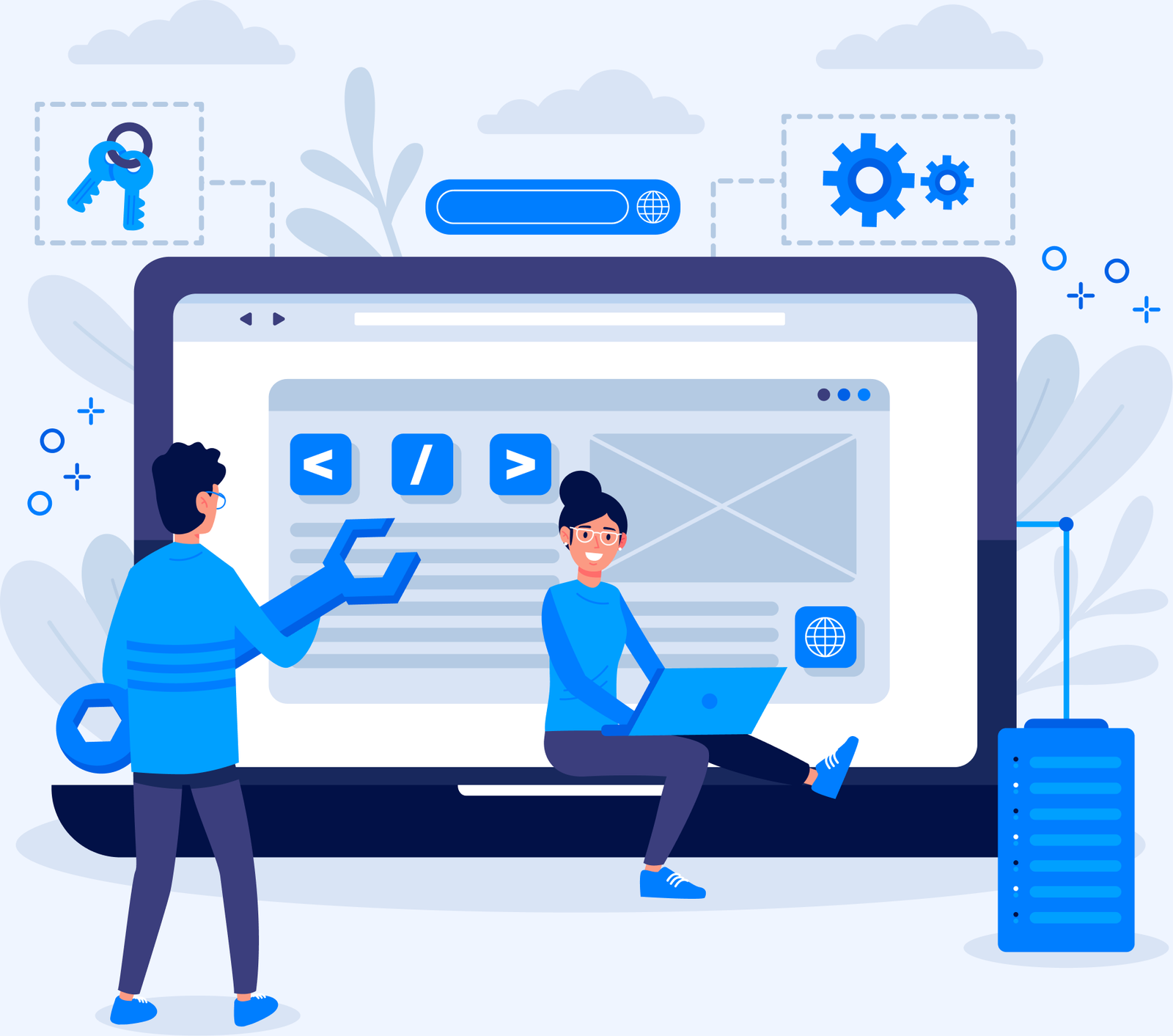 Illustration of developers building and securing a custom web application interface with key and settings icons