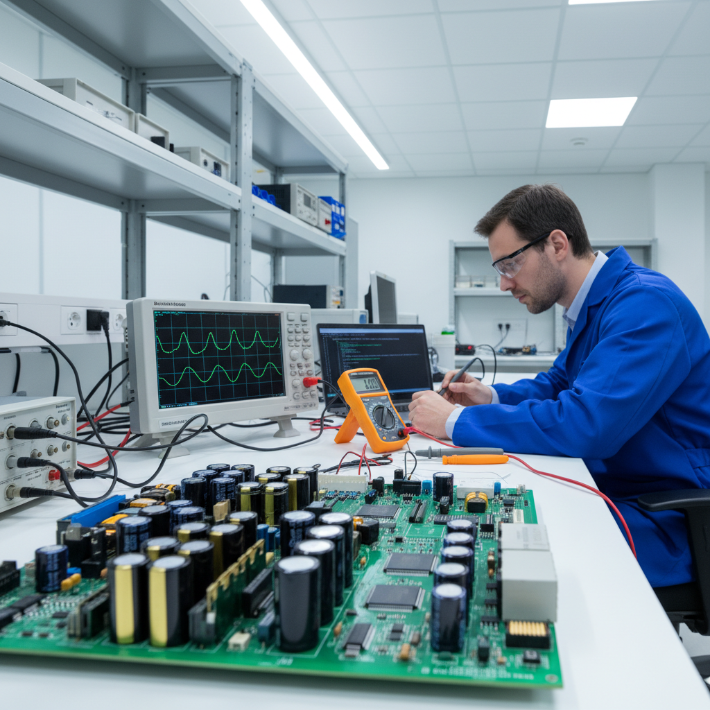 Engineer testing a battery management system circuit board with an oscilloscope and multimeter