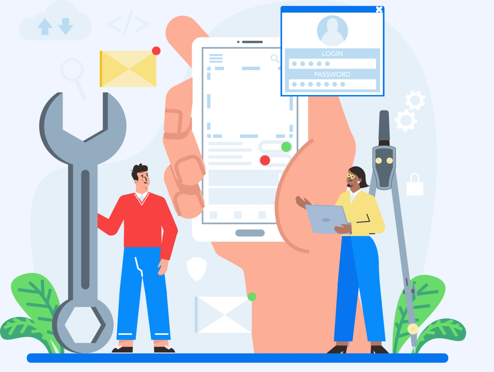 Illustration of a giant hand holding a smartphone with a login screen while a developer and a support specialist work beside it