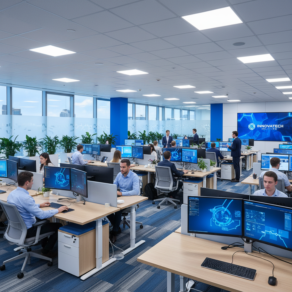 Solutions d'IA pour les entreprises Illustration d'un chatbot basé sur l'IA affiché sur un grand écran, entouré de personnes utilisant des ordinateurs portables et des téléphones