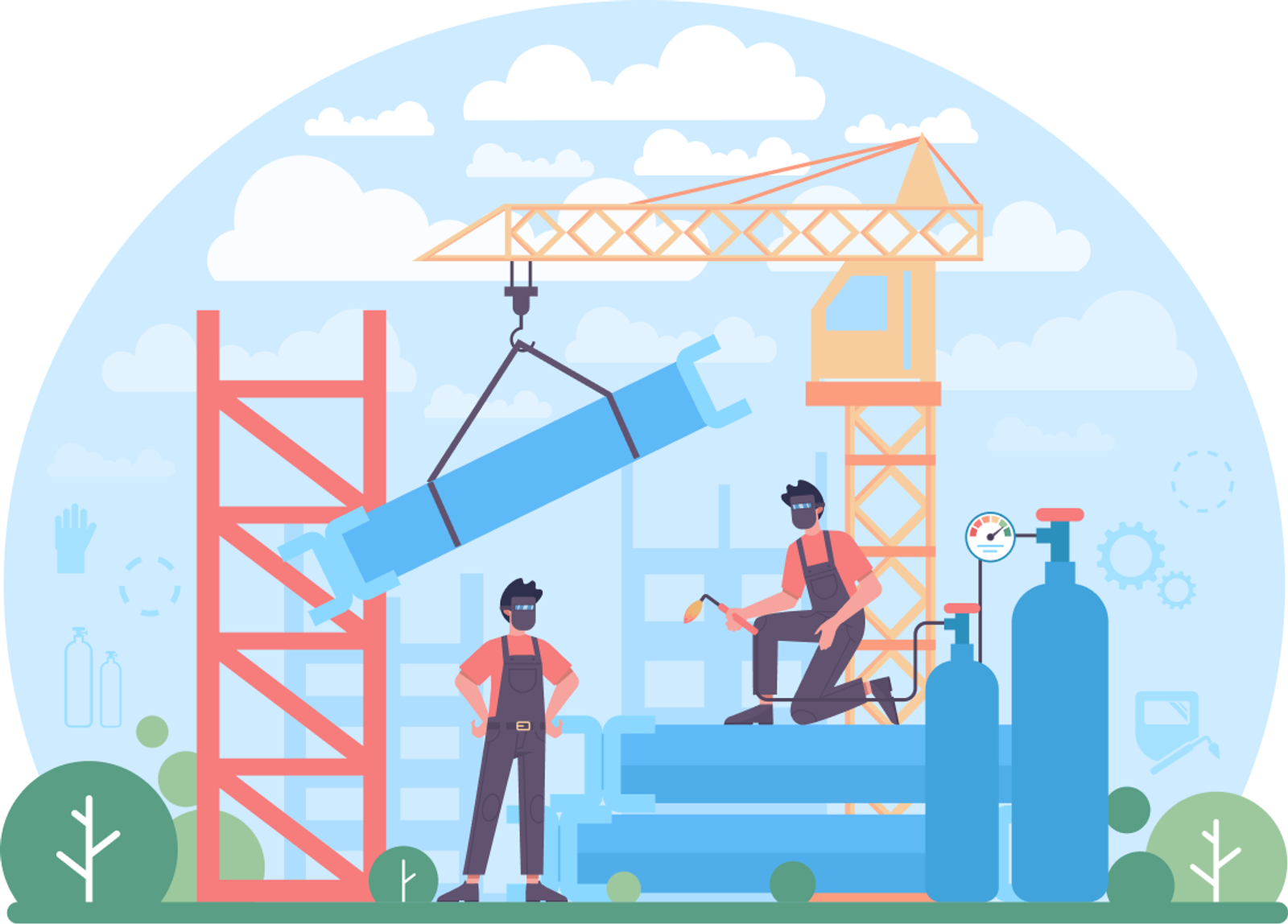 Illustration de travailleurs du bâtiment soudant des armatures de renfort avec une grue soulevant des poutres en acier sur le chantier