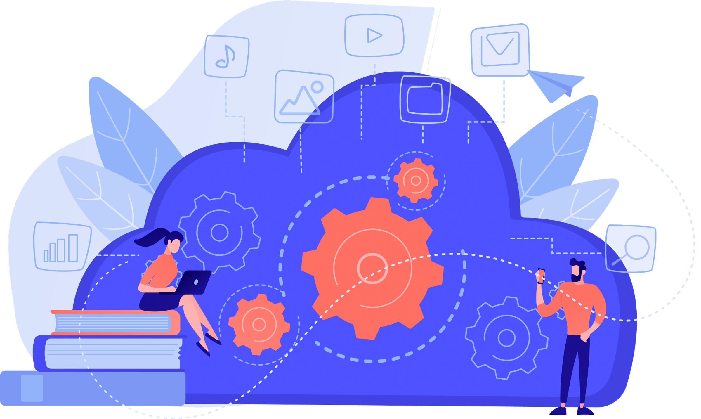 Illustration of two developers working around a large cloud icon with gears representing cloud-native modernization