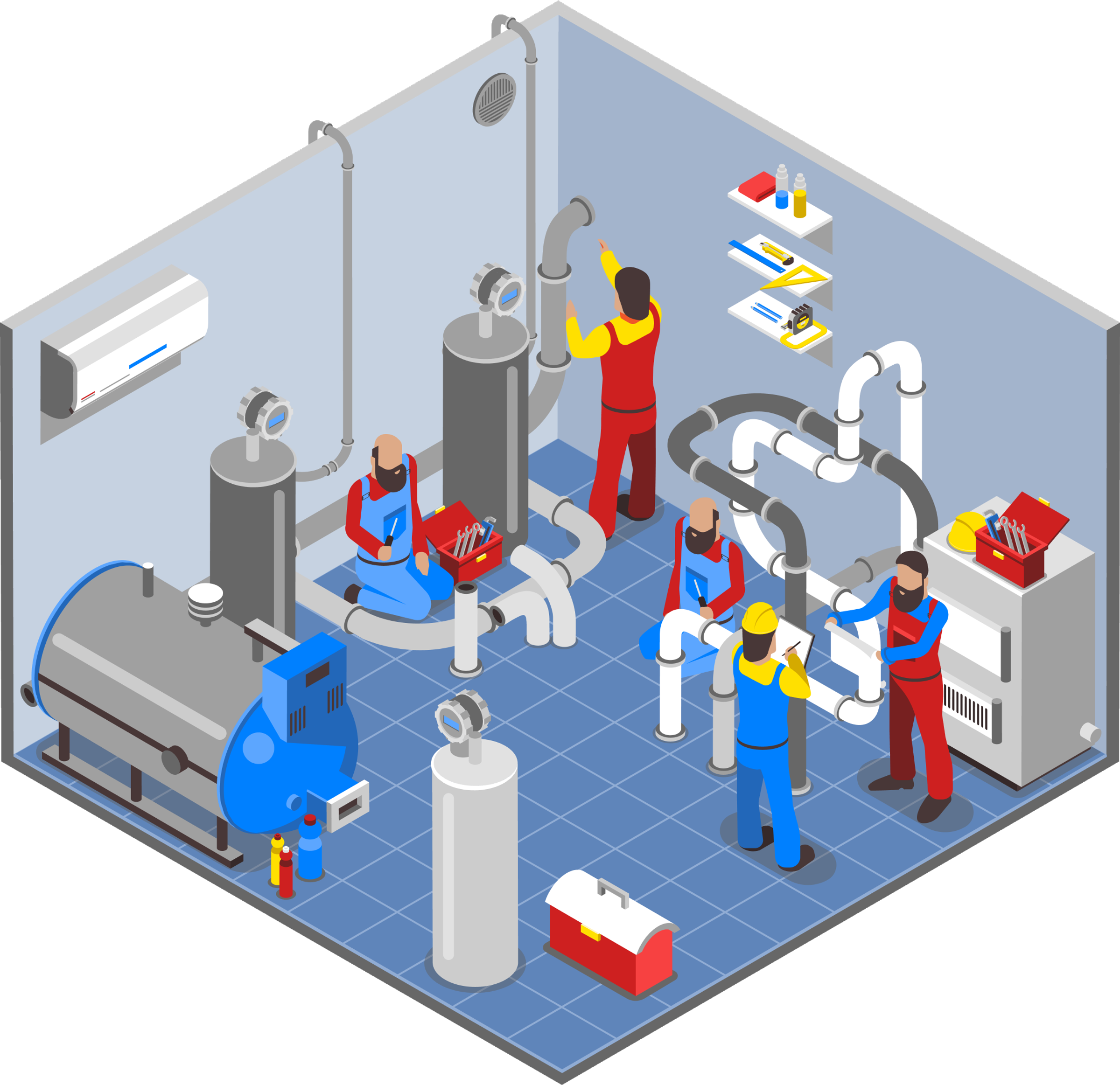 Isometric line drawing of an industrial piping and process equipment system with tanks, valves, and control panels