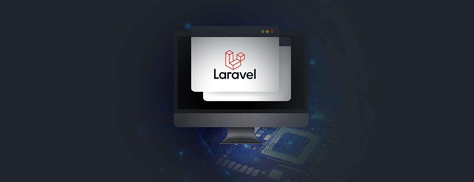 Laravel Development Services Laravel logo displayed on a computer monitor screen in front of a circuit board background