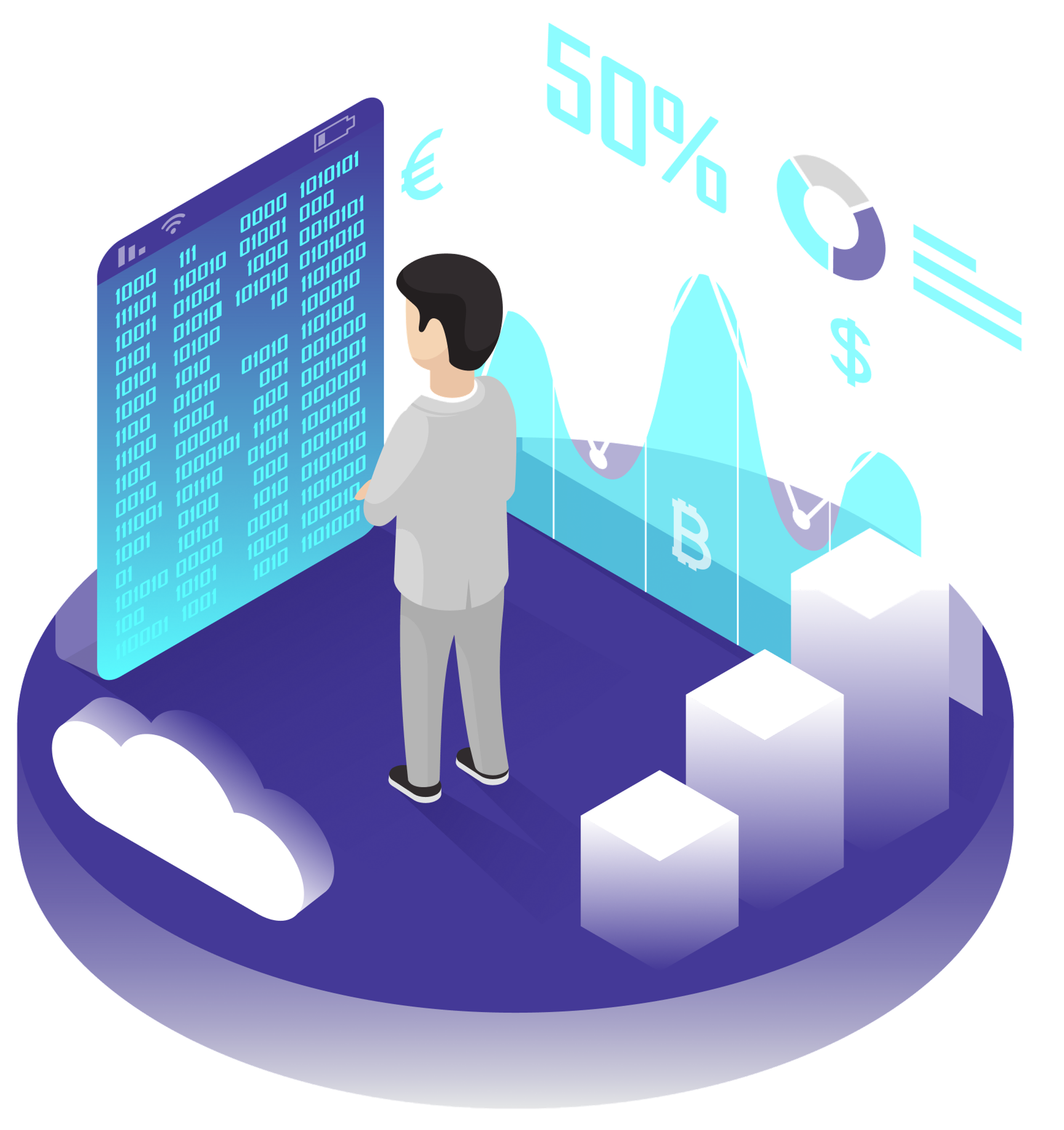 Illustration of a person analyzing cost estimation data with financial charts and percentage metrics on a digital screen