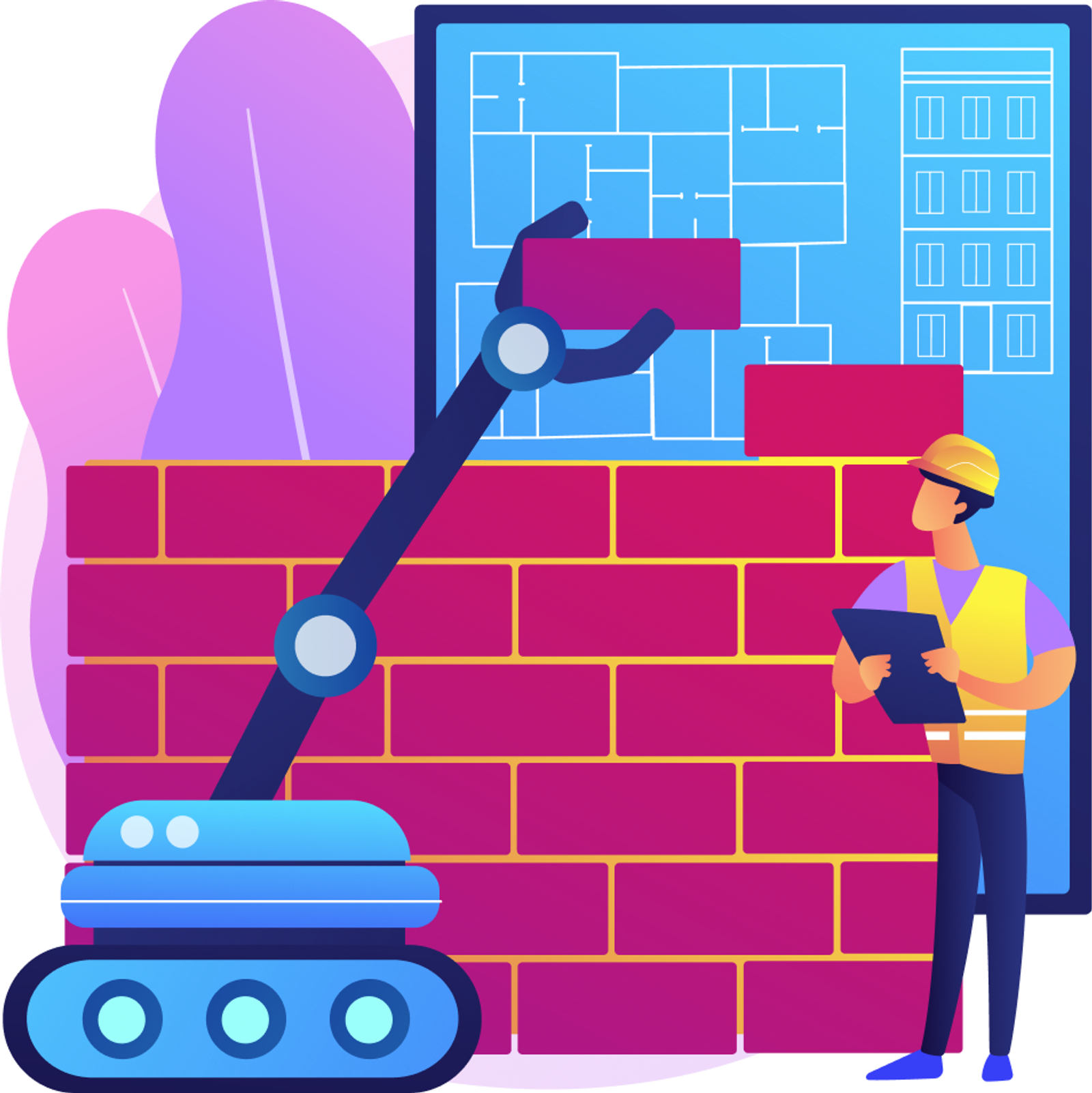 Illustration of a robotic arm assembling a brick wall next to a construction worker reviewing a building blueprint