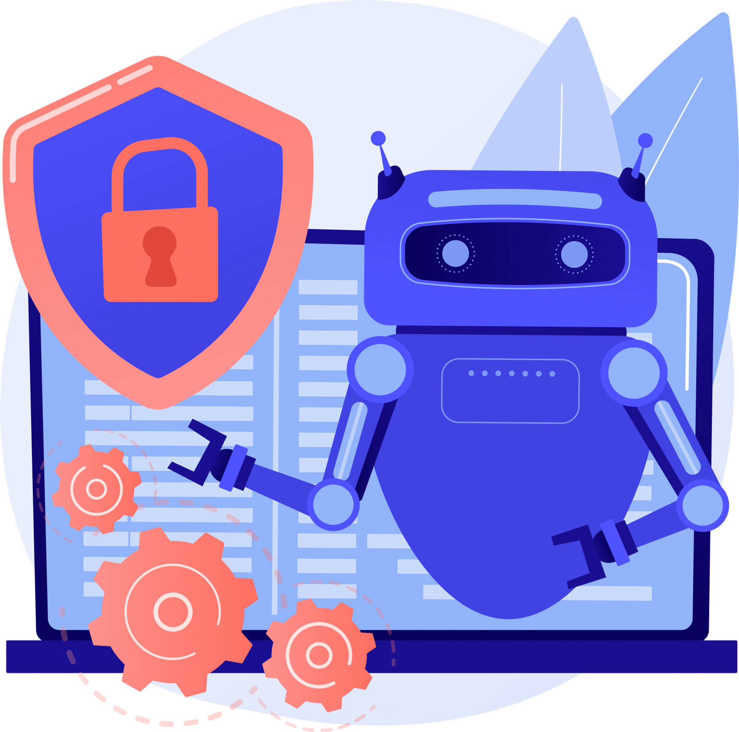 Illustration of a security shield with a padlock next to a robot and gears representing cybersecurity automation