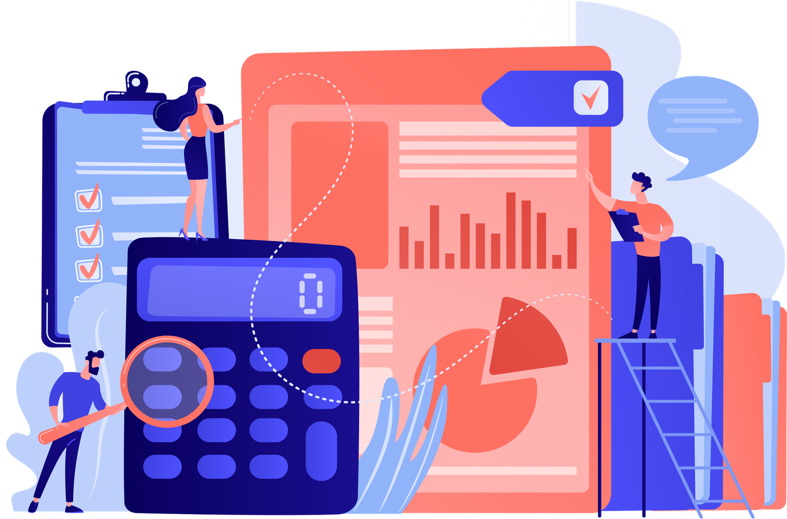 Illustration of accountants working with a calculator, financial reports, and charts