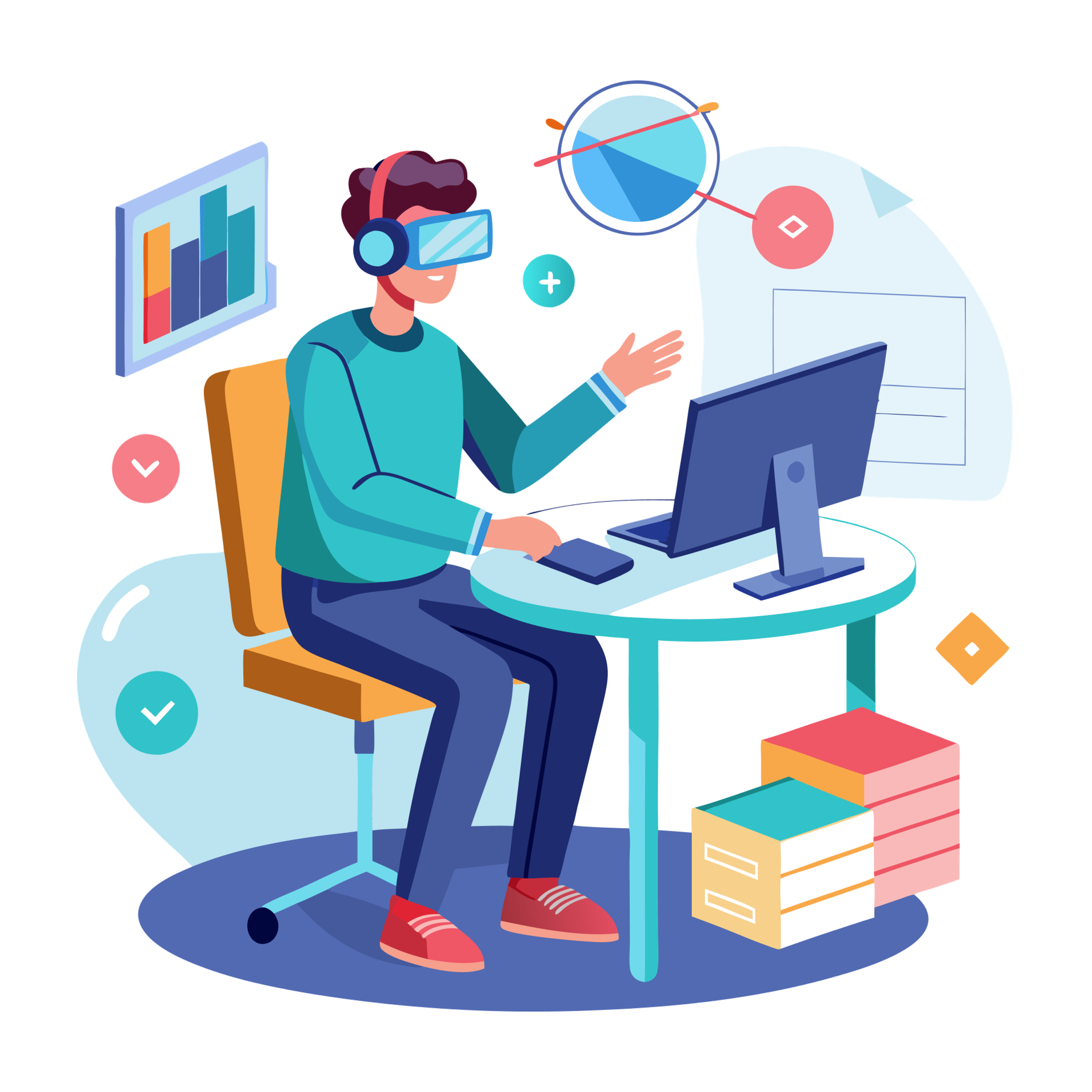 Illustration of a developer wearing a VR headset while working on an AR, VR, and MR application