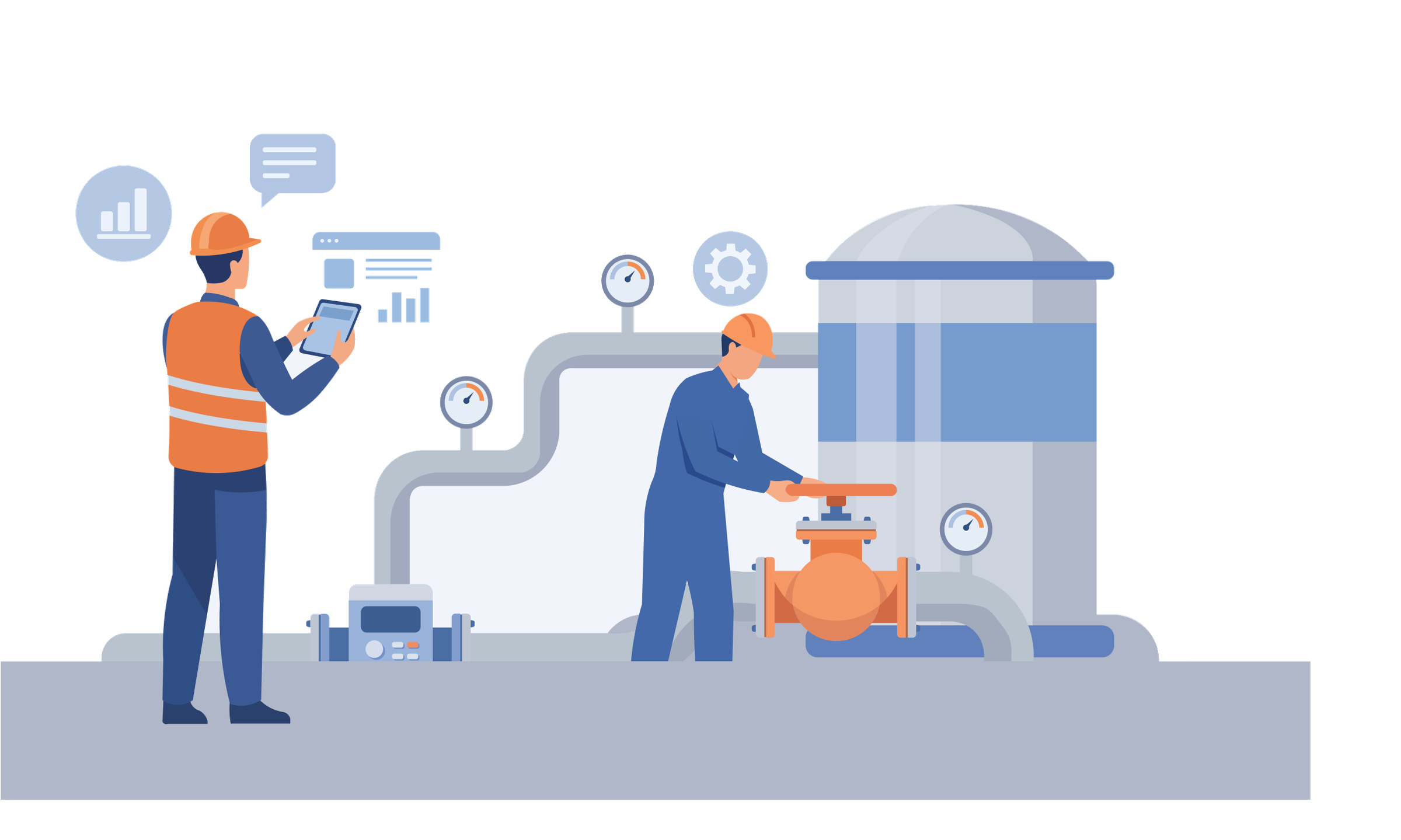 Illustration of engineers inspecting a piping and valve system with data analytics icons