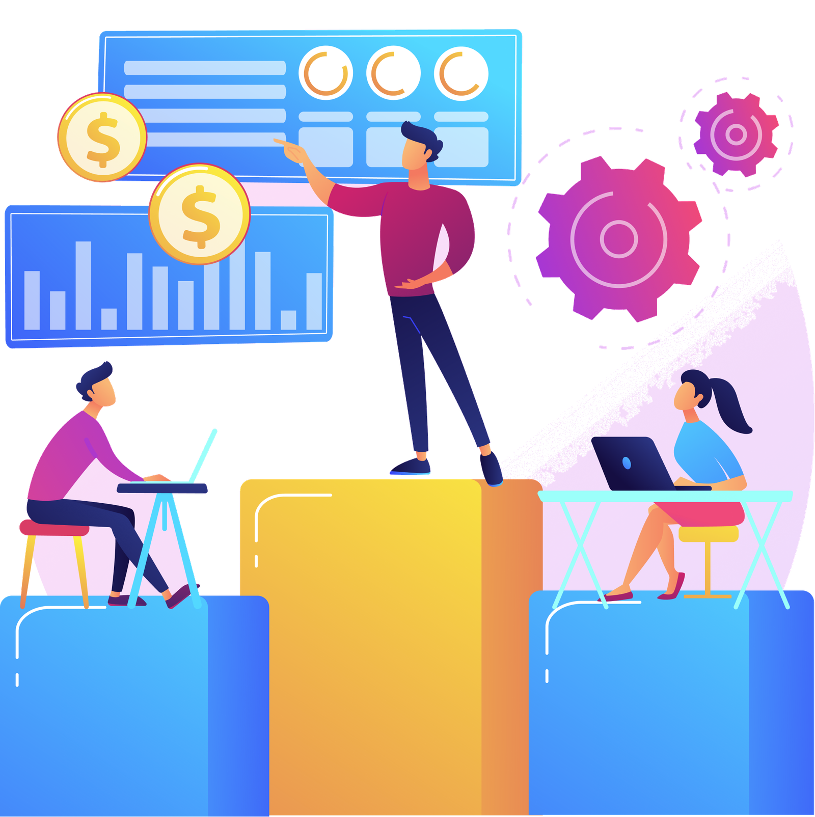 Illustration of a business leader presenting reliability and financial performance data to a team analyzing dashboards