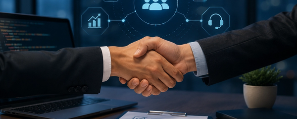 Two people shaking hands over a signed evaluation checklist, with icons for security, process, growth and support