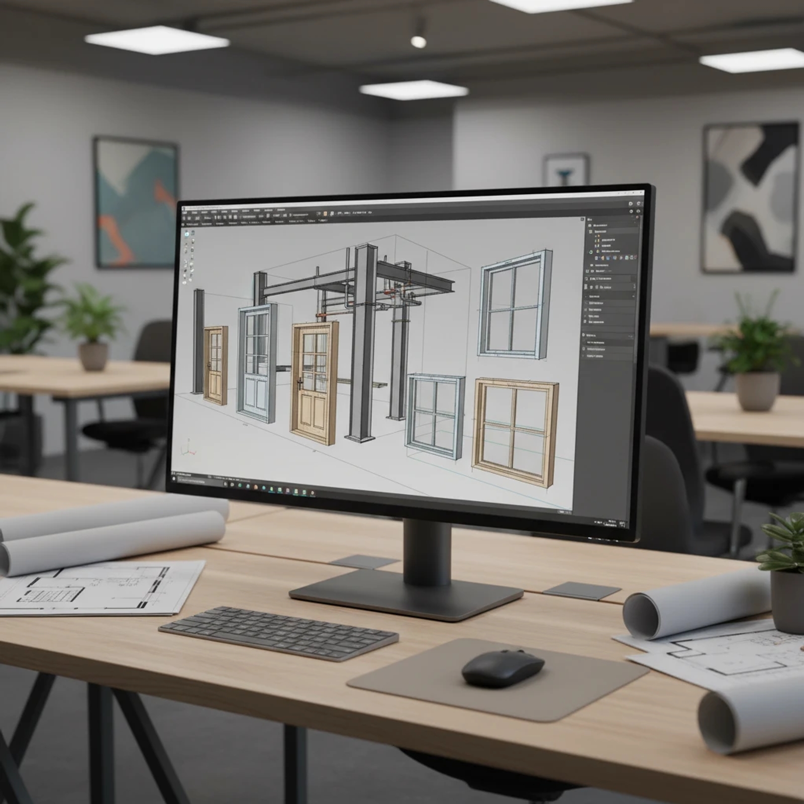 Illustration d'un couple consultant sur un ordinateur portable des annonces de modèles de maisons 3D avec des évaluations