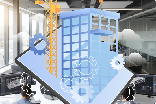 Services BIM structurels Illustration d'une grue de construction soulevant un bloc de bâtiment sur une tablette entourée d'icônes d'engrenages