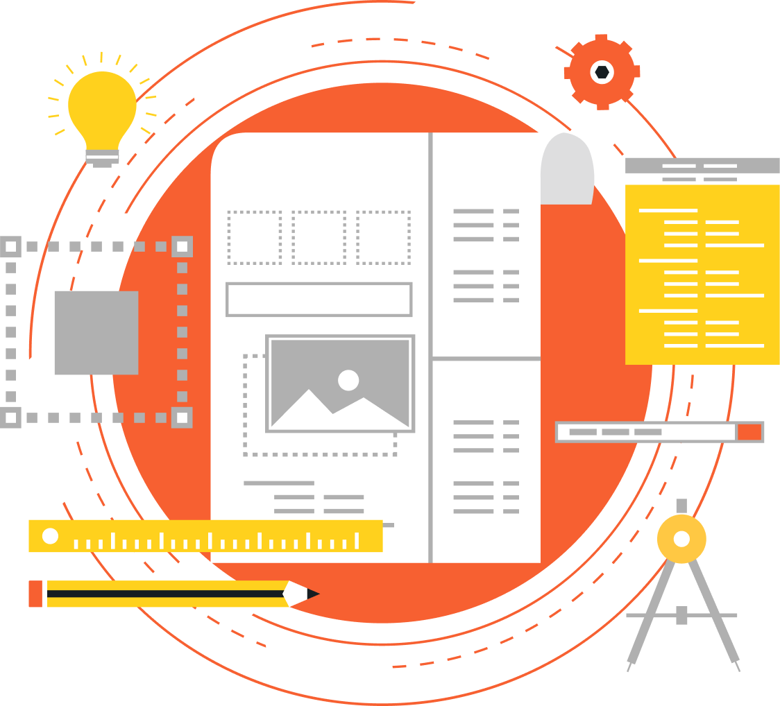 Hardware Integration Documentation Illustration of a technical drawing layout surrounded by drafting tools including a ruler, pencil, and compass
