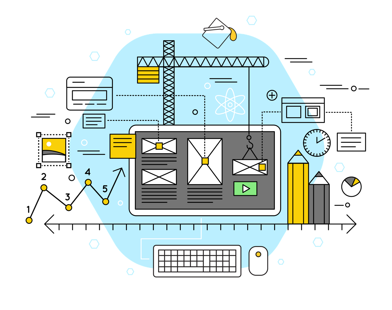 Illustration of a construction crane placing design elements onto a screen surrounded by engineering tools and charts