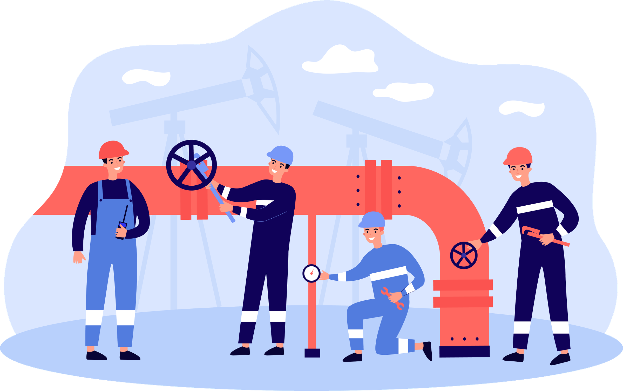 Piping Design Engineering Illustration of engineers inspecting an industrial pipeline with oil pumpjacks in the background