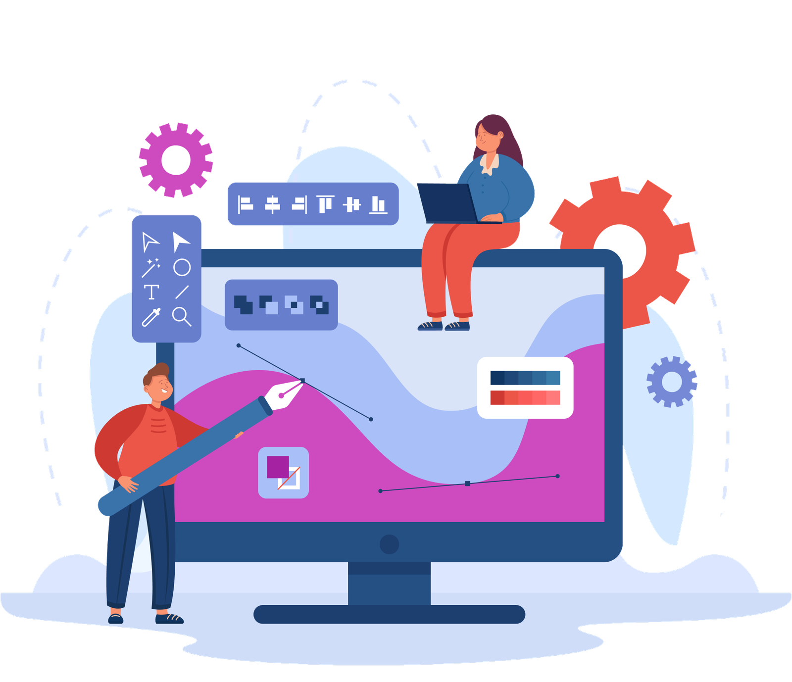 Professional Graphic Design Illustration of a graphic designer drawing with a large pen on a computer screen displaying design tools and color palettes