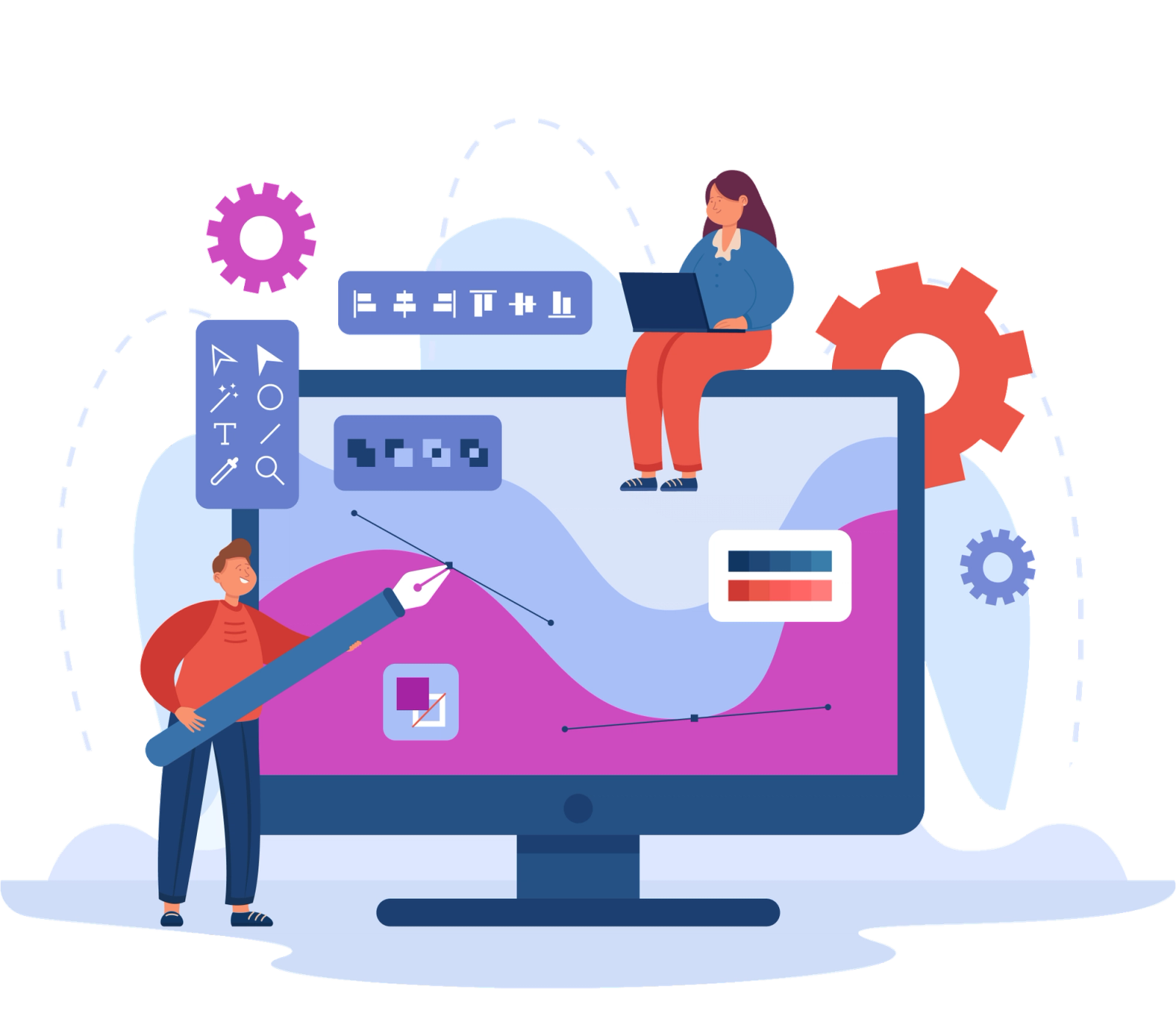 Professional Graphic Design Illustration of a graphic designer drawing with a large pen on a computer screen displaying design tools and color palettes