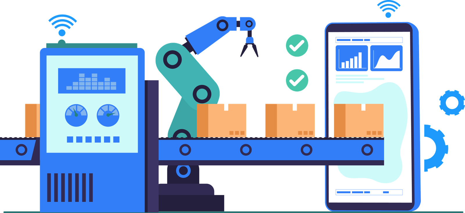 Digital Engineering and Manufacturing Illustration of a robotic arm assembling boxes on a conveyor belt with a digital monitoring dashboard