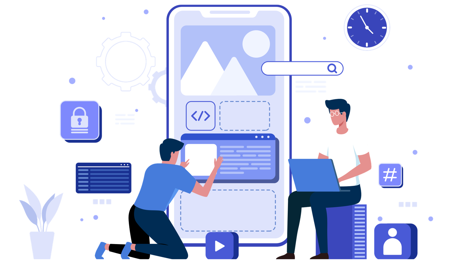 Illustration of developers building a mobile app interface with security and code icons
