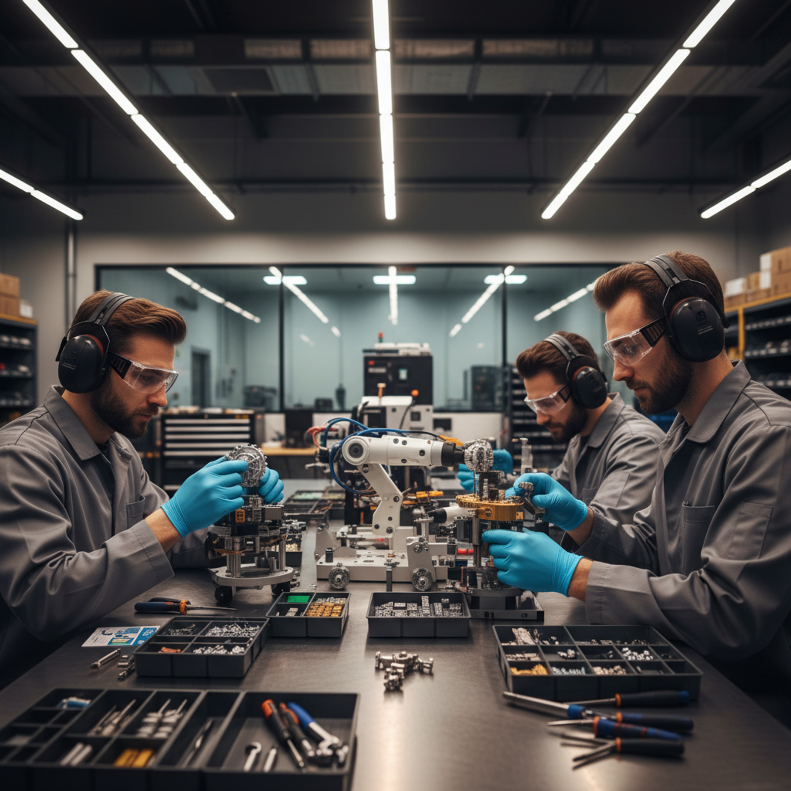 Engineers assembling a robotic manufacturing cell with precision components