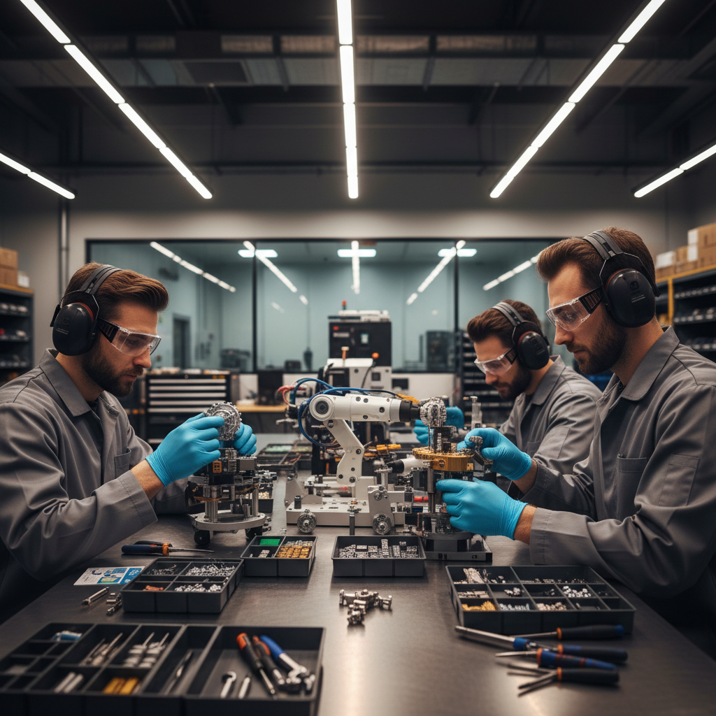 Engineers assembling a robotic manufacturing cell with precision components Engineers assembling a robotic manufacturing cell with precision components