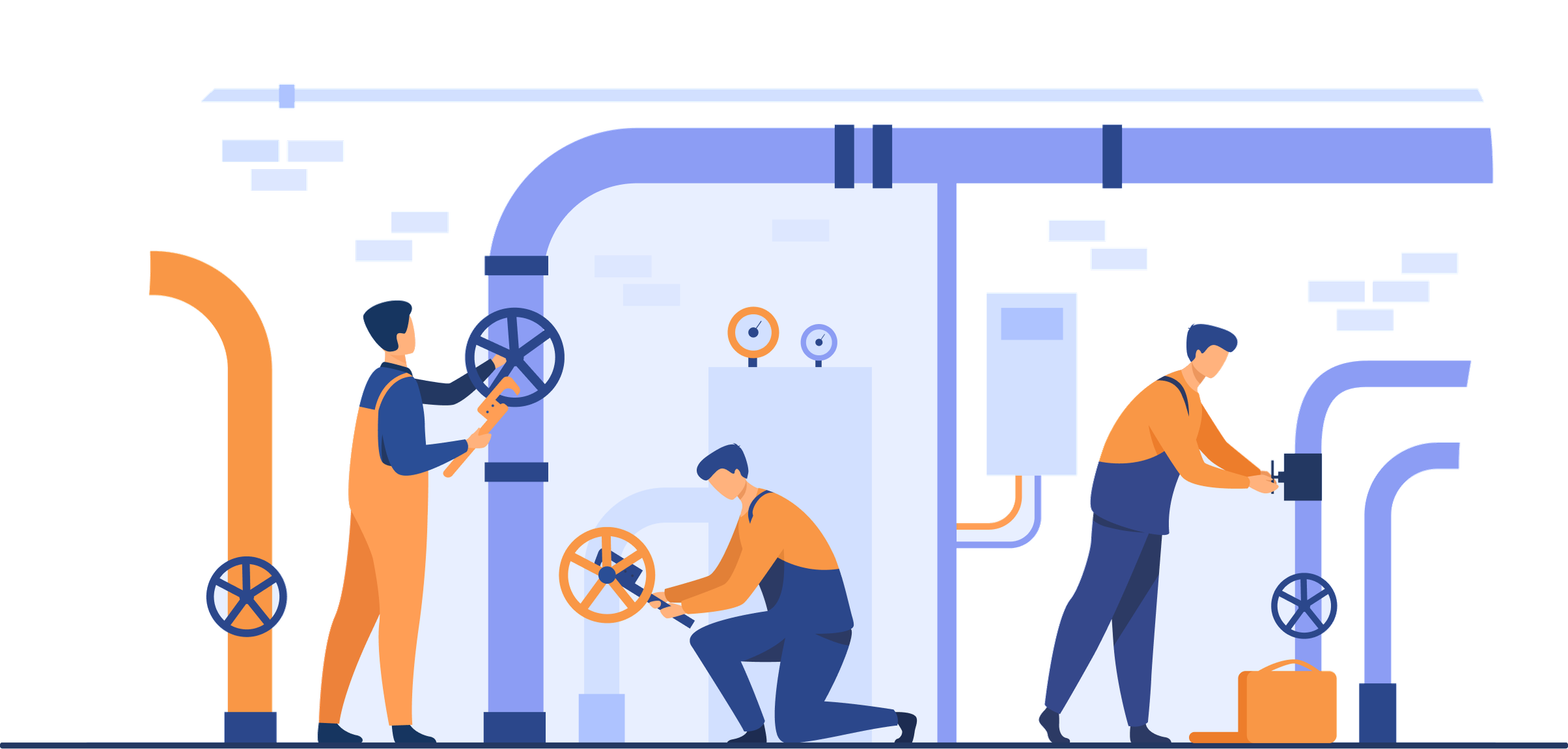 Illustration of workers adjusting valves and gauges on an industrial piping system