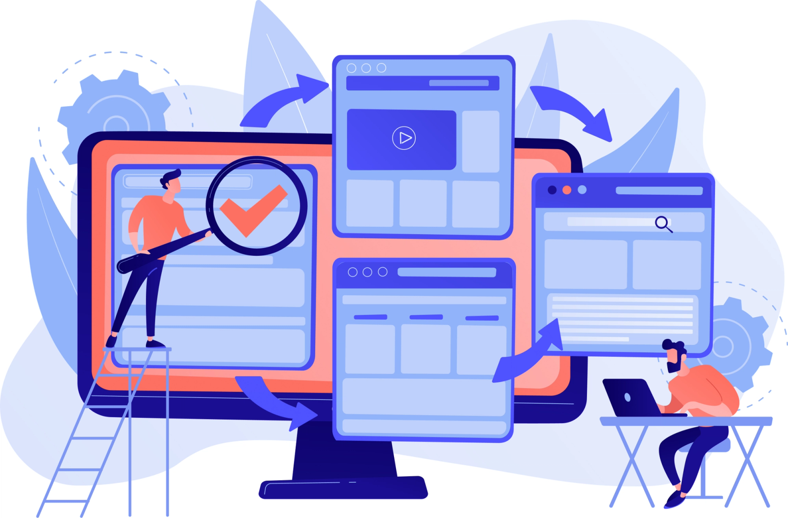 Illustration of a QA engineer reviewing a checklist beside application windows and a colleague testing on a laptop