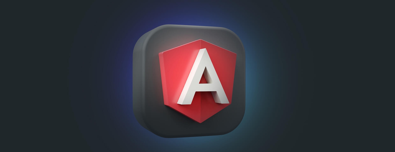 Développement Angular Icône 3D du logo Angular illuminée sur un fond dégradé sombre