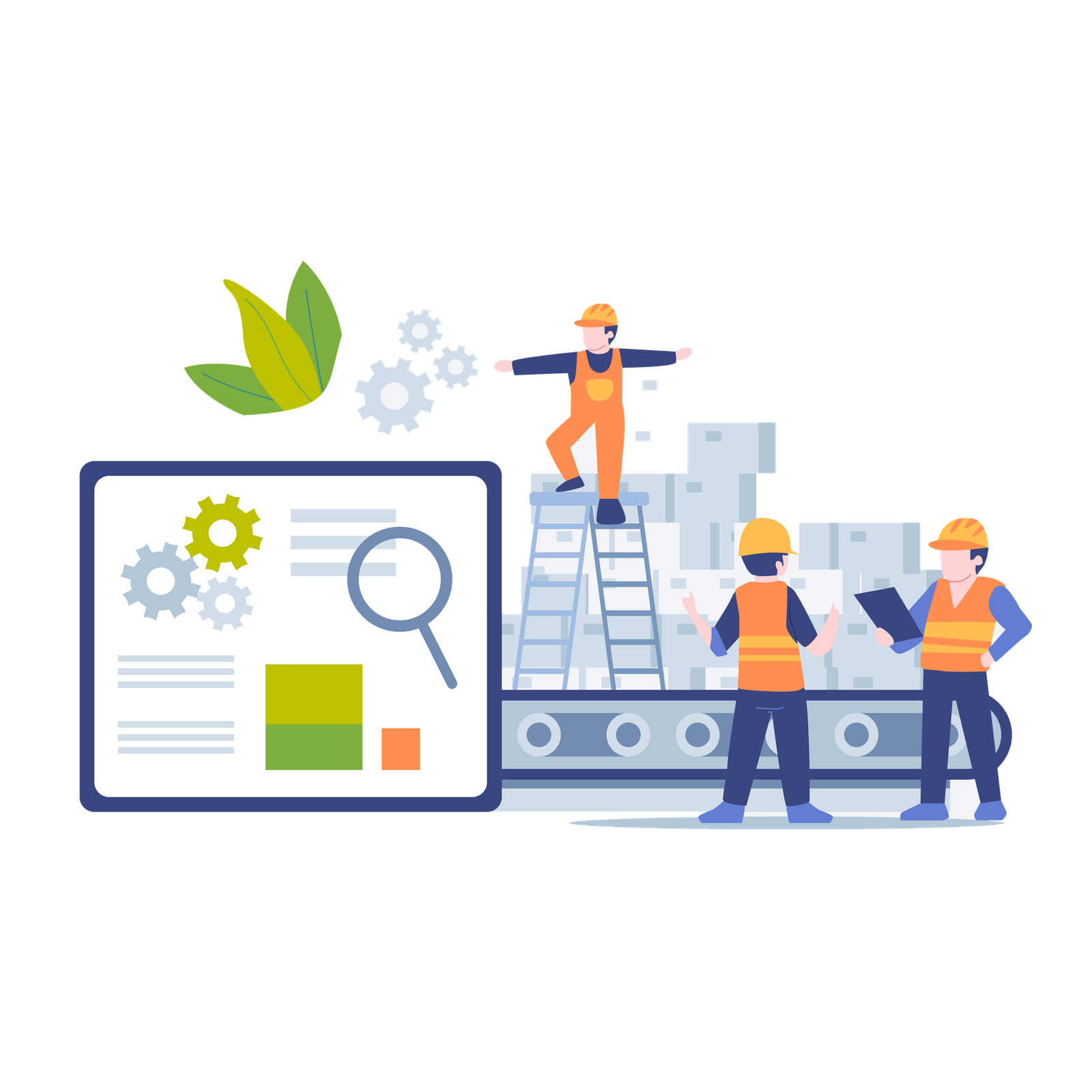 Illustration of a worker climbing a ladder to stack boxes on a conveyor belt beside a data dashboard with gear and leaf icons