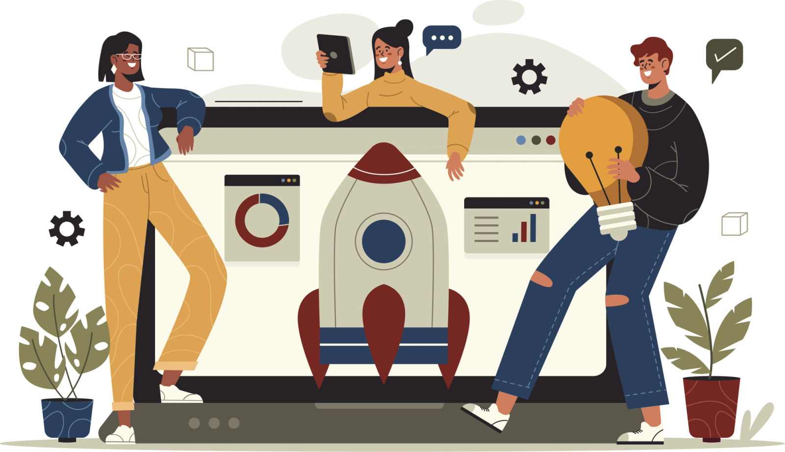 Illustration of a team celebrating a product launch with a rocket, laptop, and business growth charts