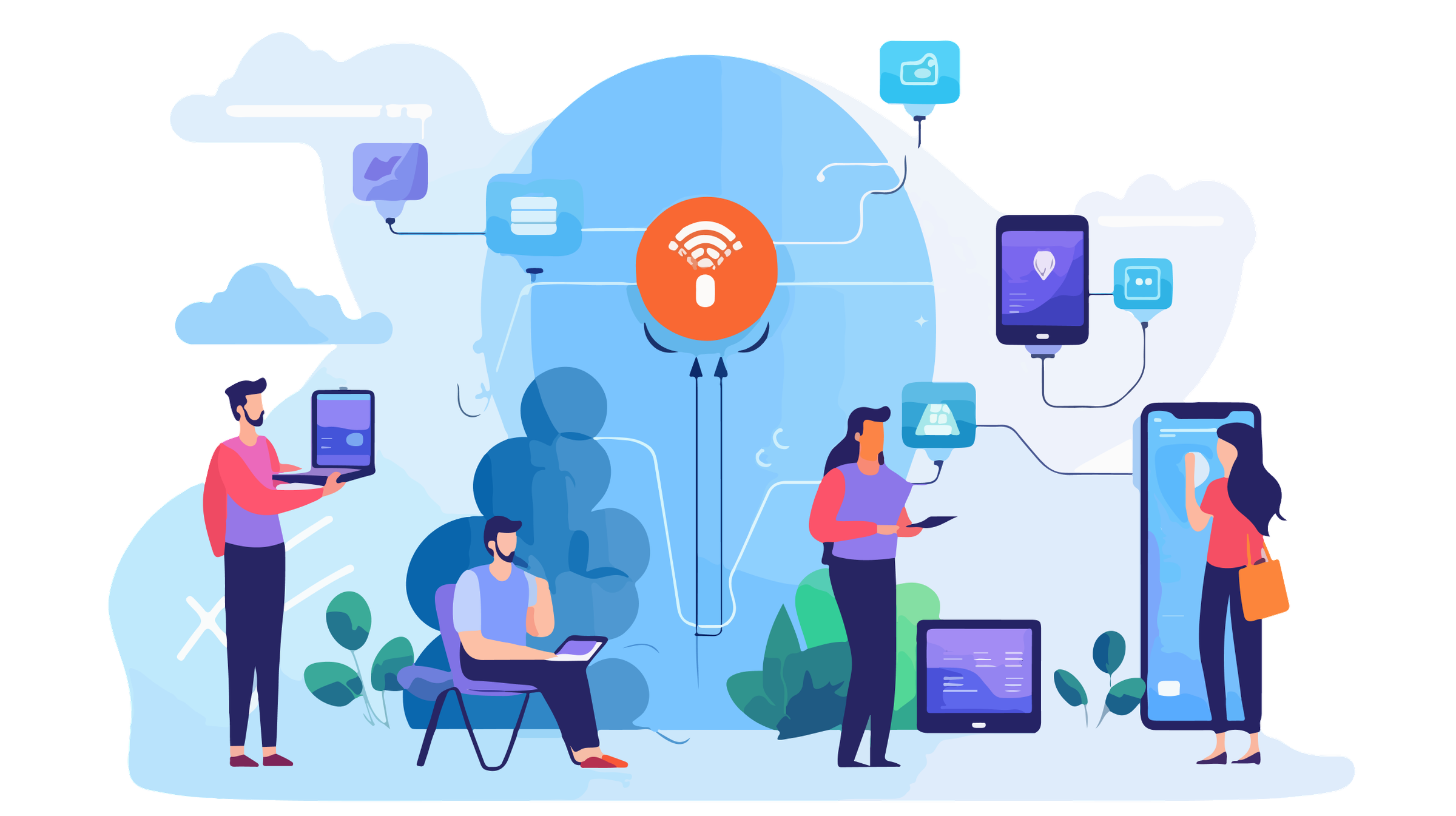 Illustration of people using connected mobile devices linked to a central IoT hub with a wireless signal icon