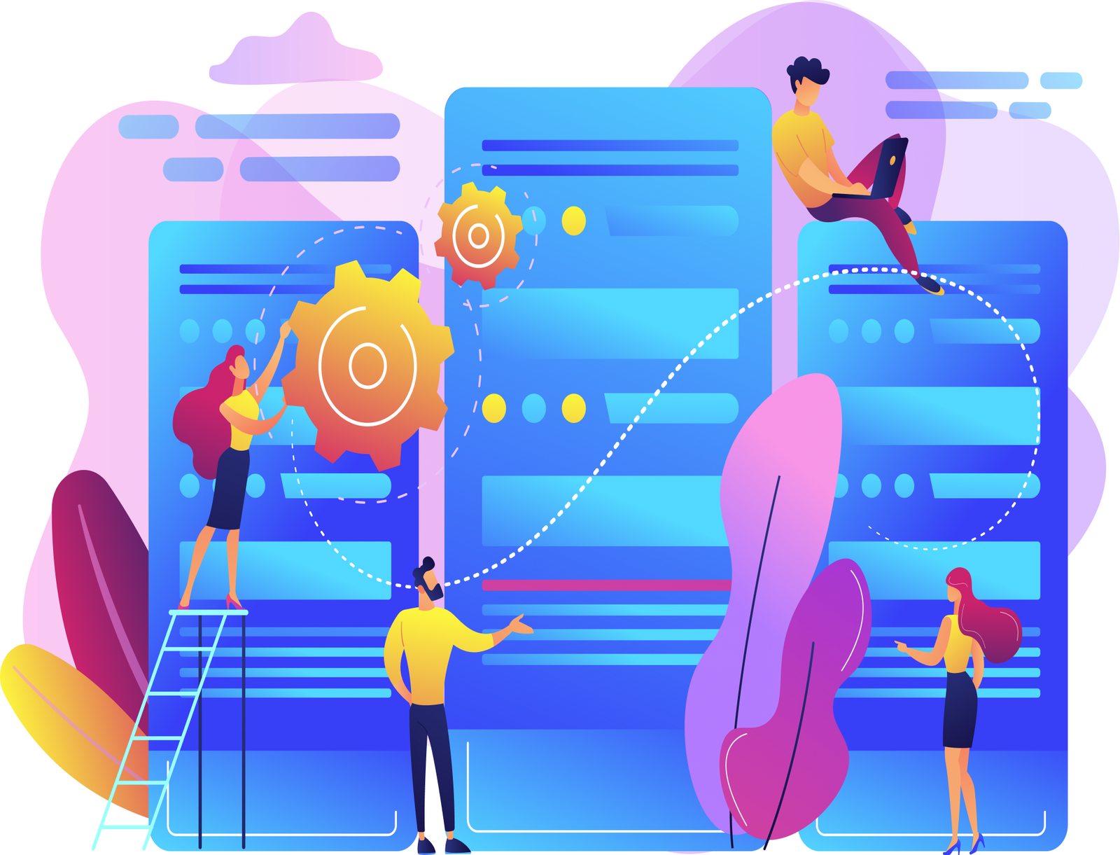 Illustration of a QA team testing and configuring software panels with gear and checkmark icons
