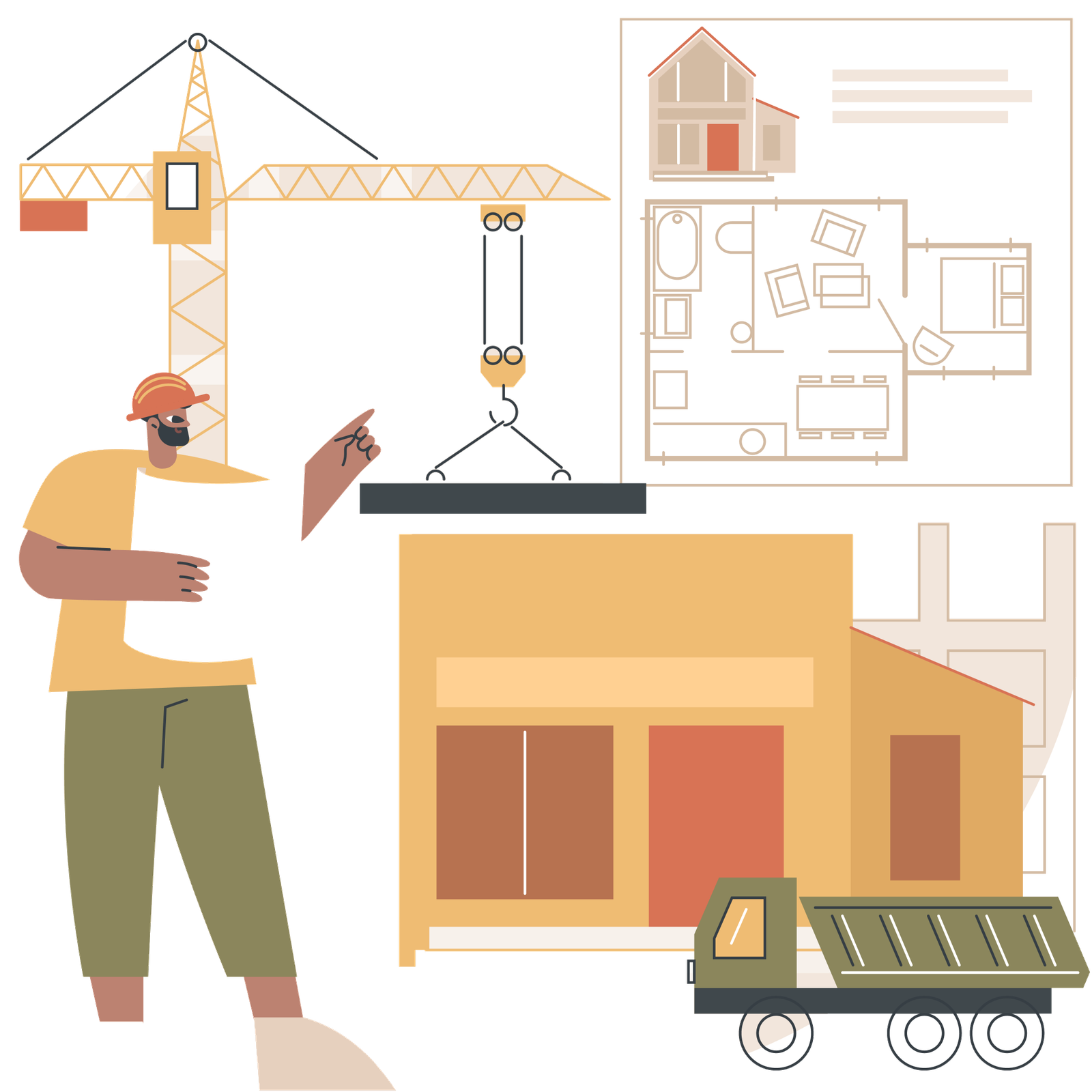 Illustration of a construction worker reviewing blueprints beside a crane lifting materials onto a building