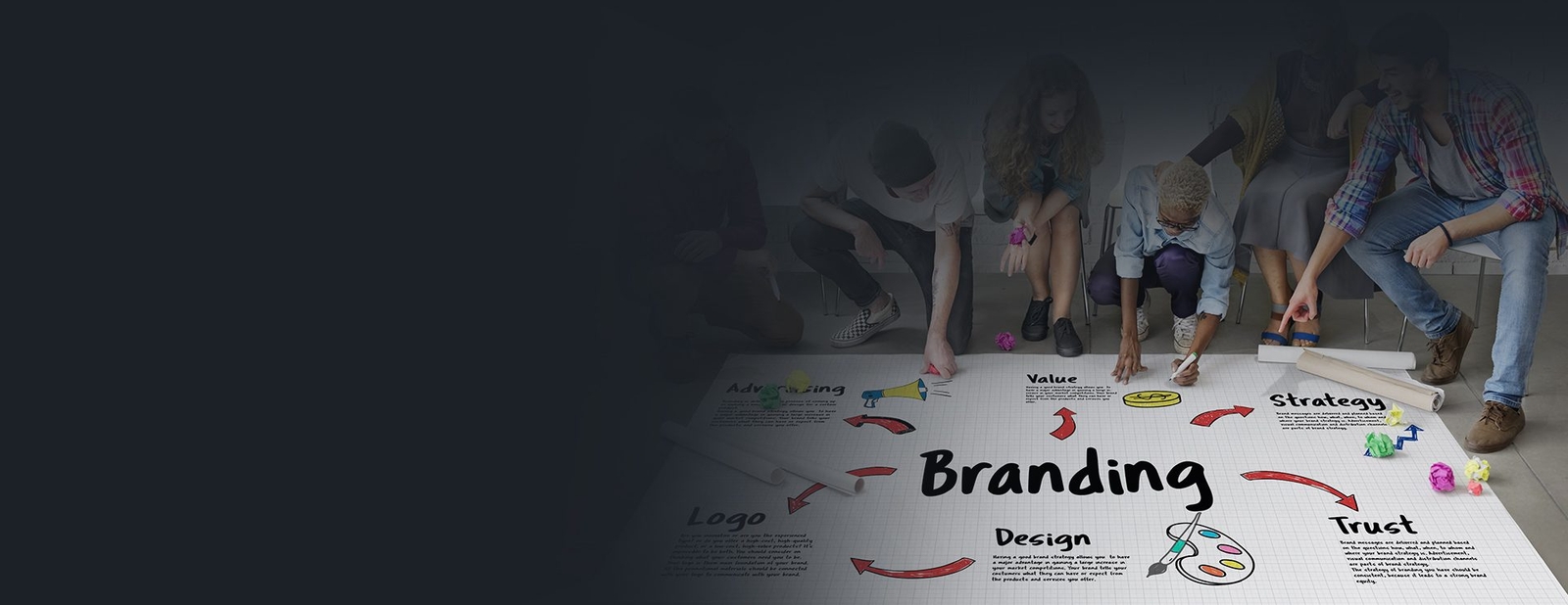 Branding Services Photo of a team brainstorming a branding strategy with sketched concepts for logo, design, advertising, and trust on a large sheet of paper