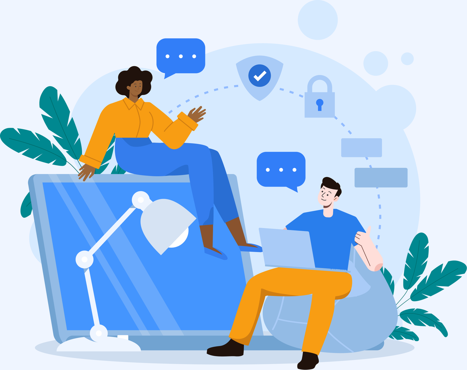 Software Development Illustration of two developers working on a laptop with security shield and lock icons and chat bubbles