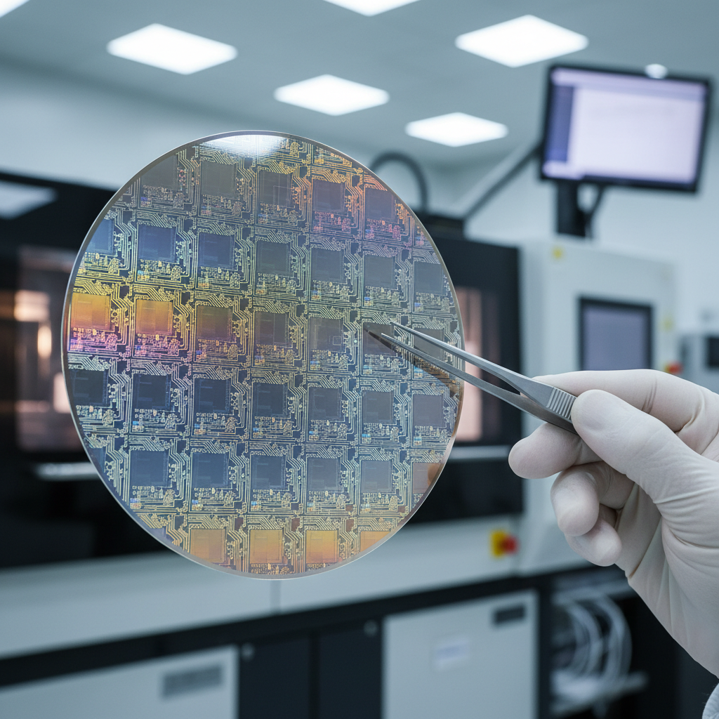 Silicon wafer with chip dies being inspected with tweezers in a semiconductor cleanroom