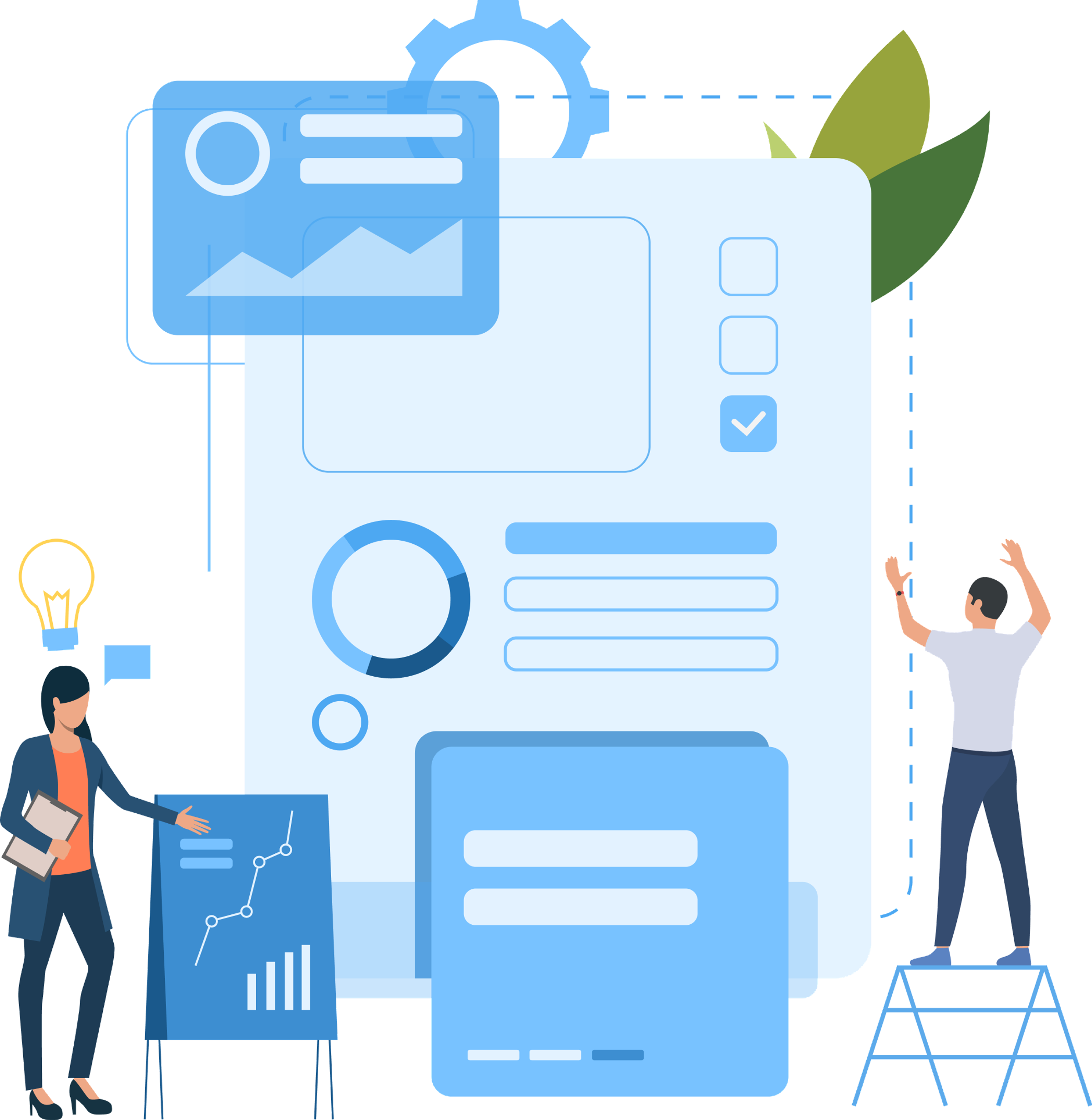Illustration of a businesswoman presenting a report with charts and checklists while a colleague reaches toward a floating document