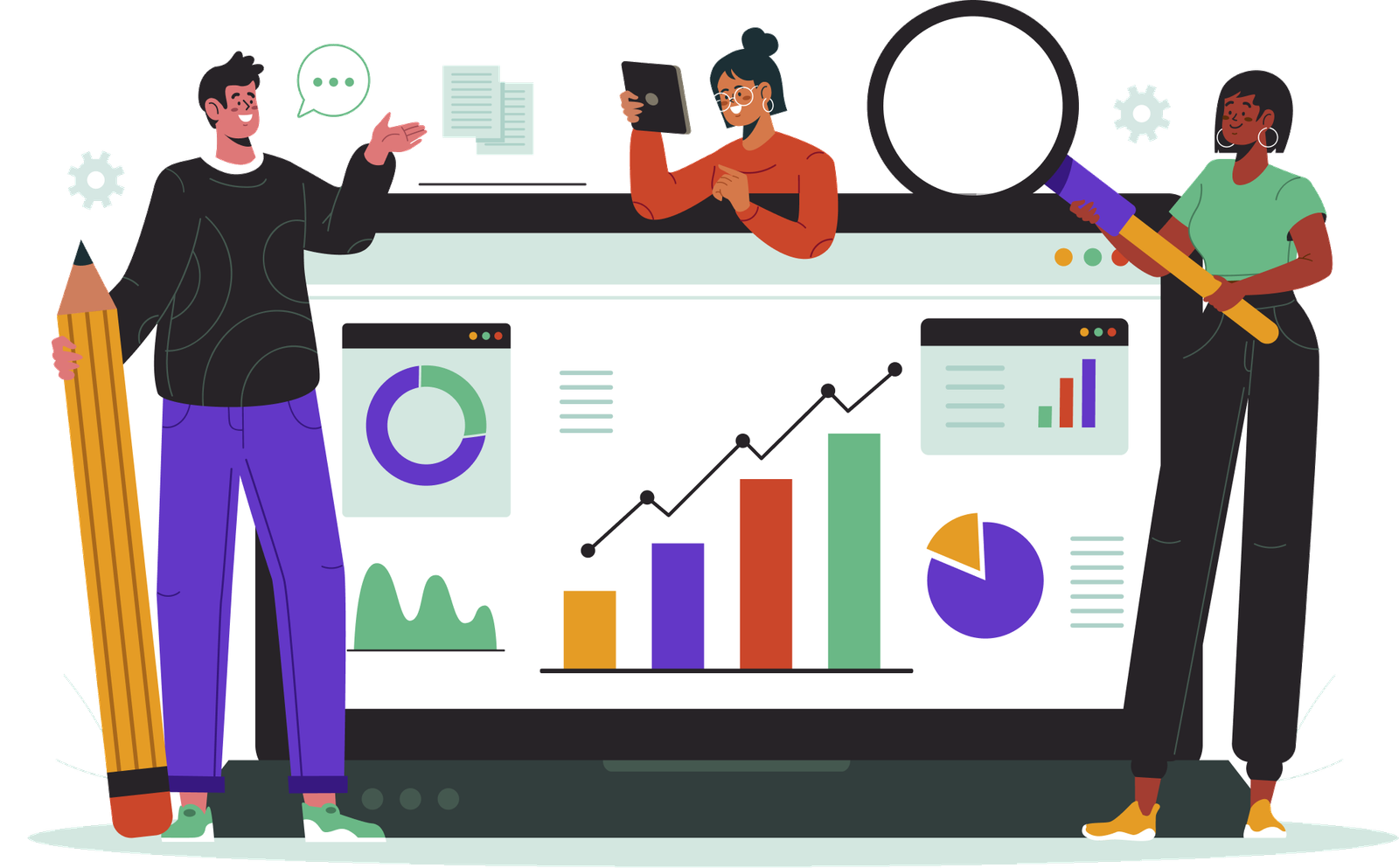 Illustration of a team analyzing SEO performance charts and analytics on a laptop screen