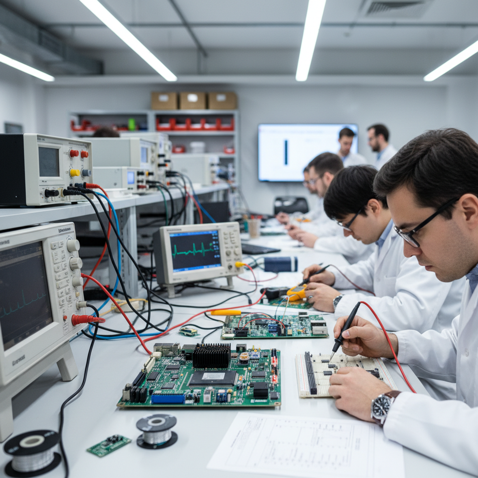 Engineers assembling and testing a populated circuit board in a hardware design lab