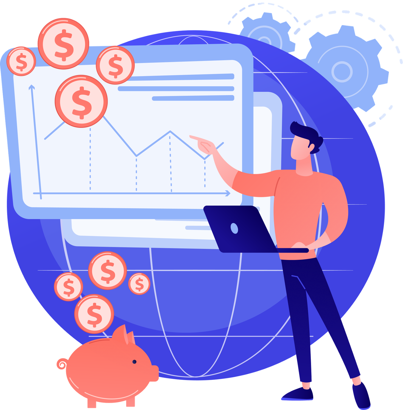 Illustration of a financial analyst reviewing a cash flow chart with currency icons and a piggy bank