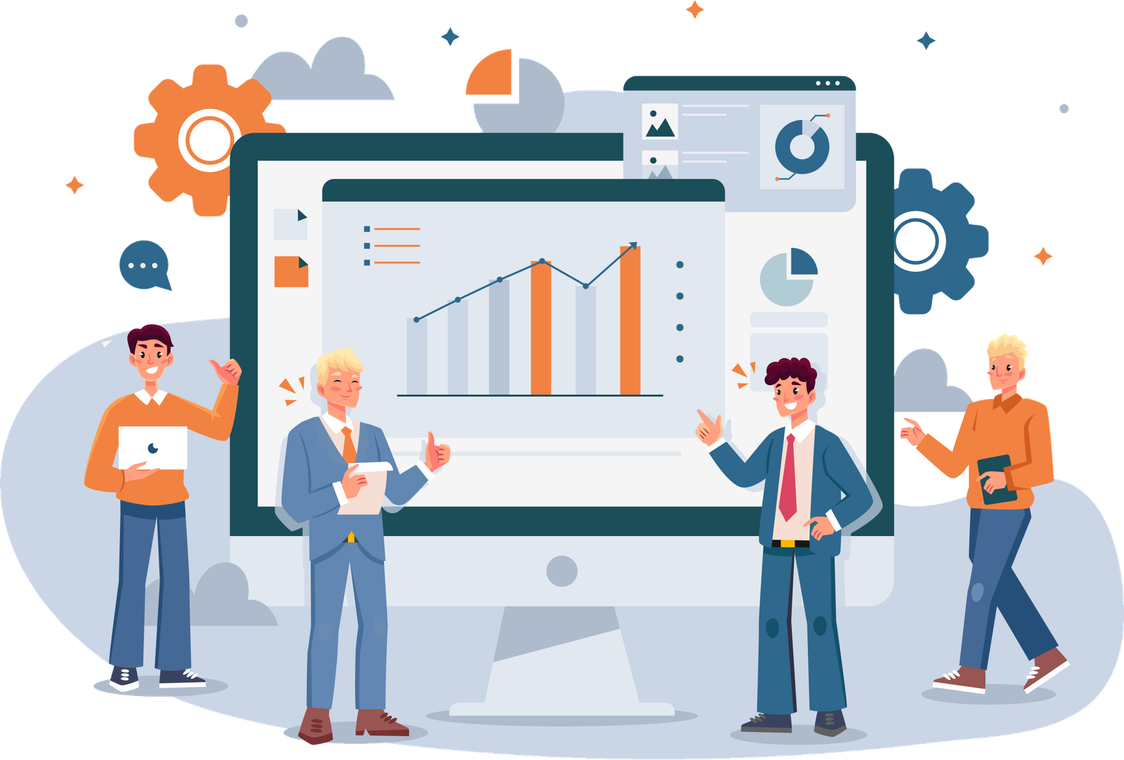 Illustration of four businessmen presenting a growth chart on a large monitor with gear icons