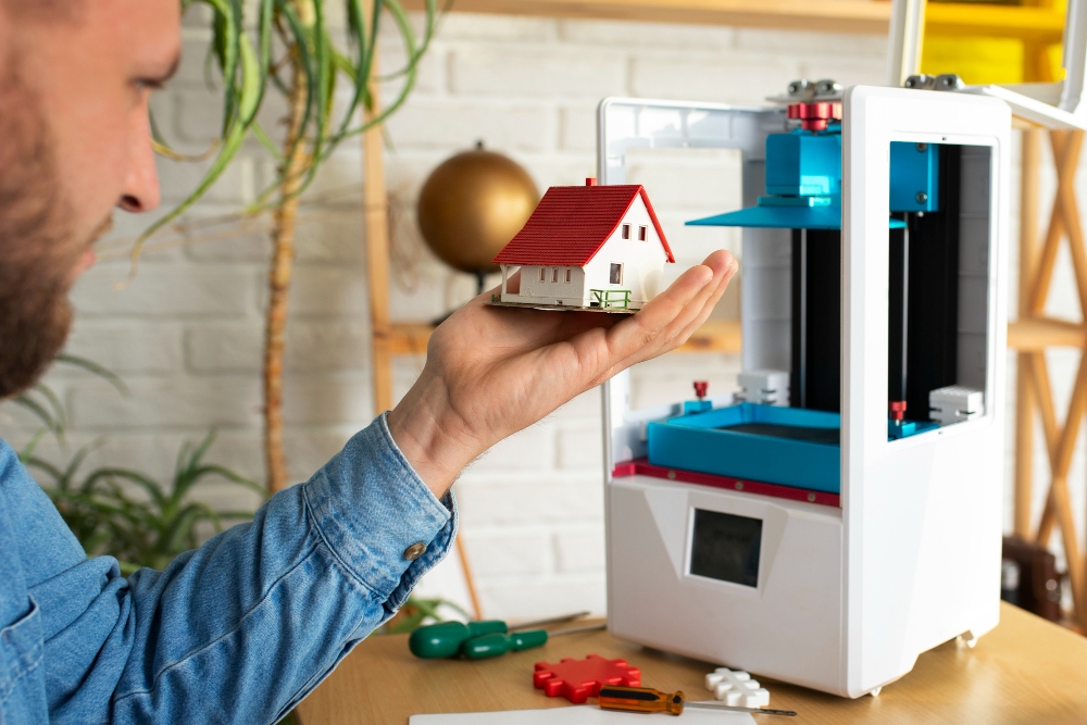 Main tenant une maquette de maison imprimée en 3D à côté d'une imprimante 3D de bureau
