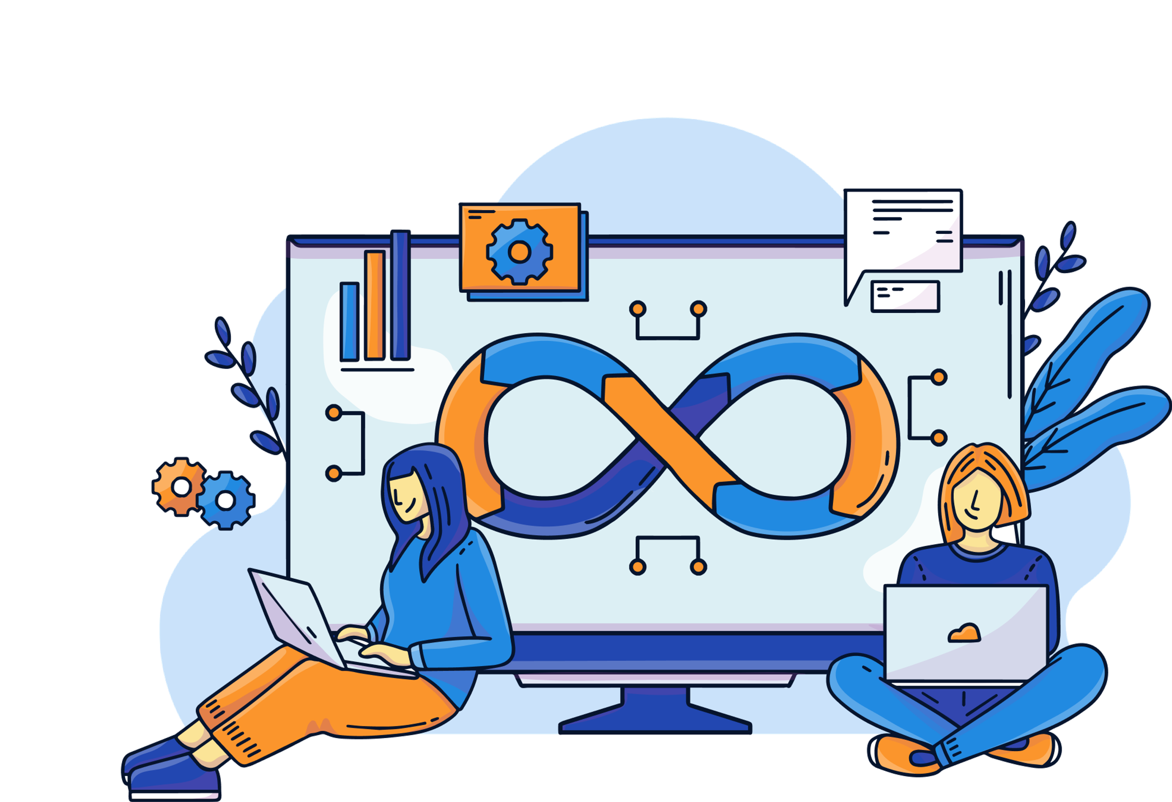 DevOps CI/CD Pipeline Services Illustration of two developers working on laptops beside a DevOps infinity loop icon representing continuous integration