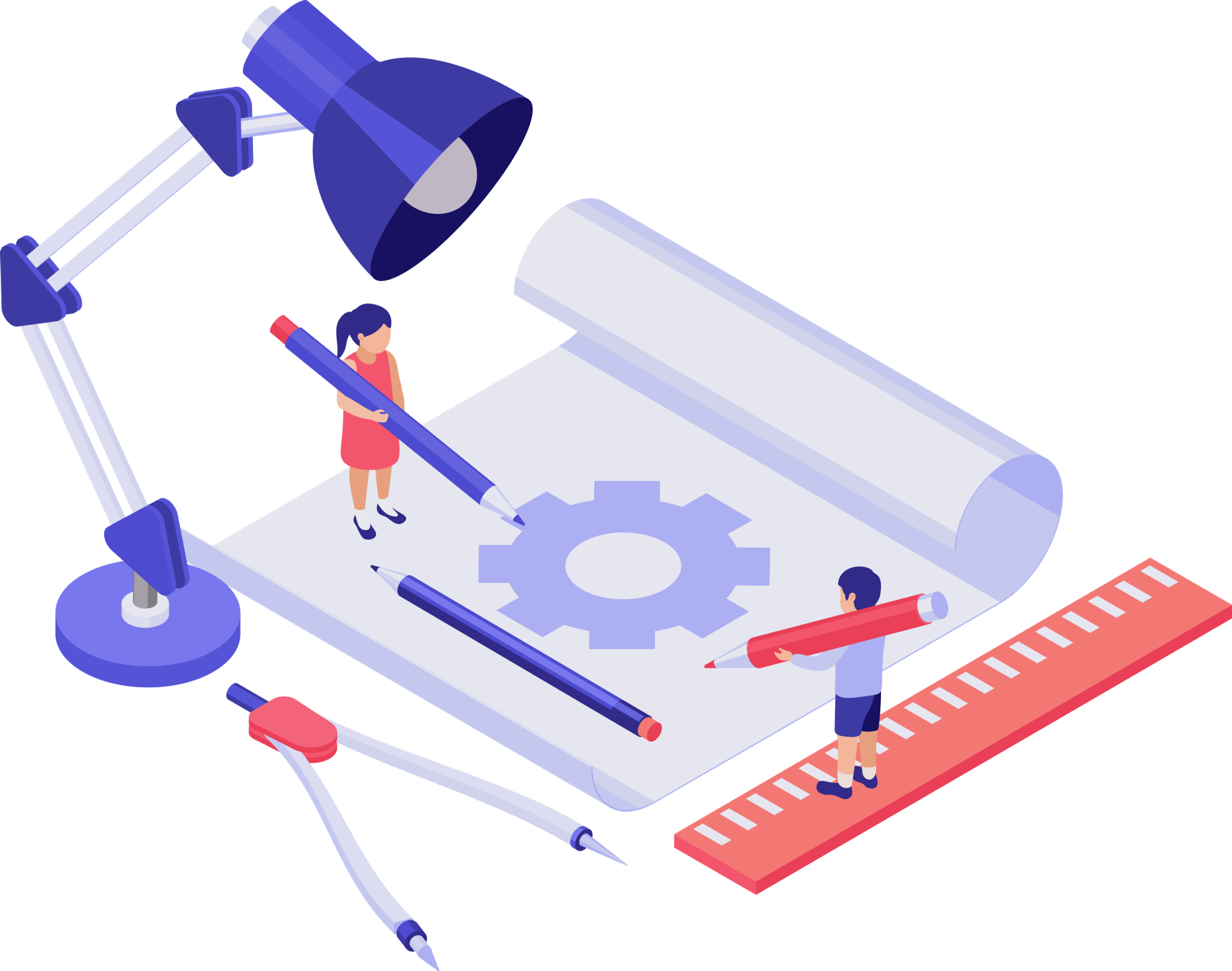 MEP 3D Modeling Illustration of two people drafting a technical blueprint with a desk lamp, pencils, ruler, and compass