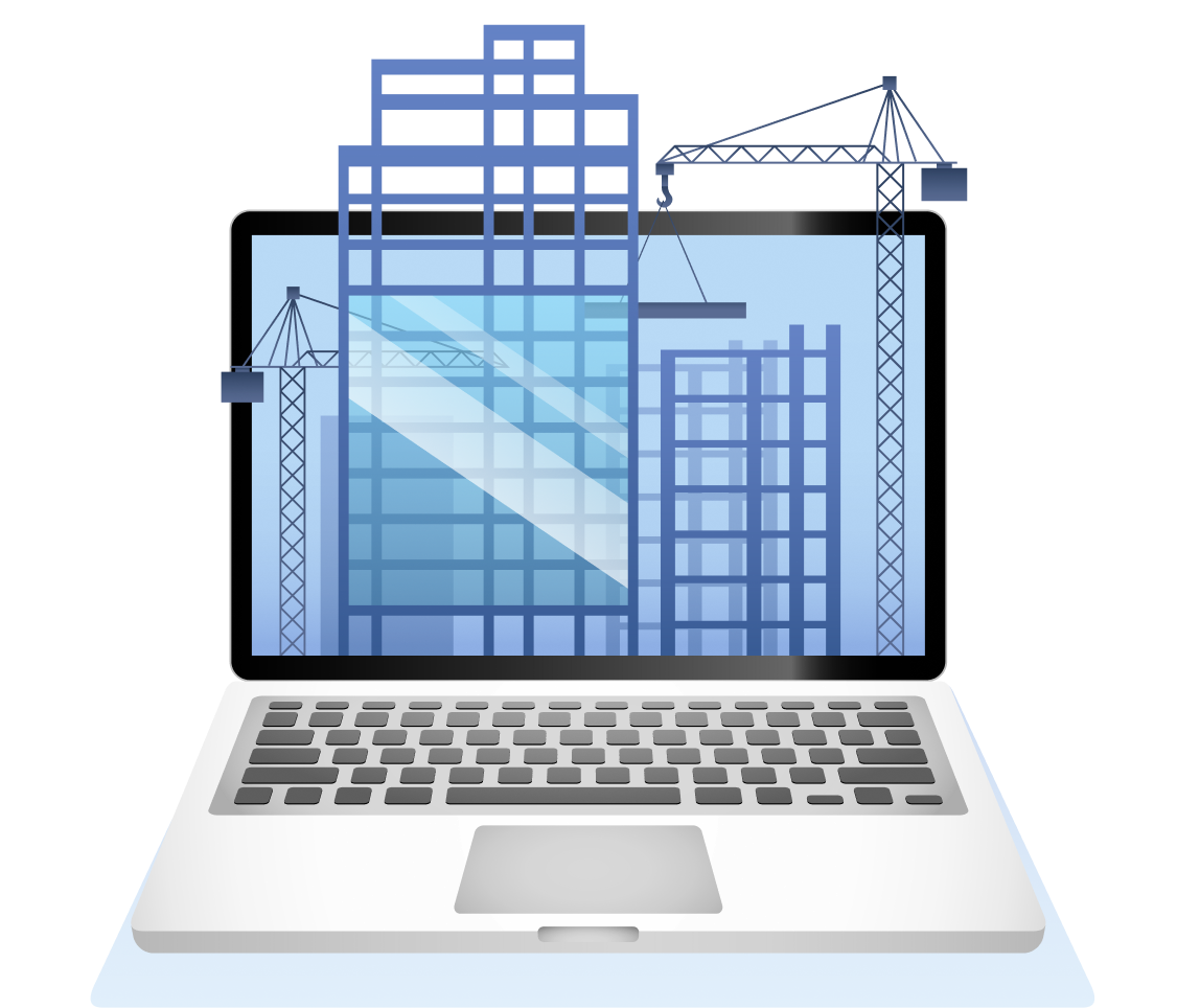 Modélisation BIM de façade Illustration d'un écran d'ordinateur portable affichant une maquette de bâtiment avec façade et grues de chantier