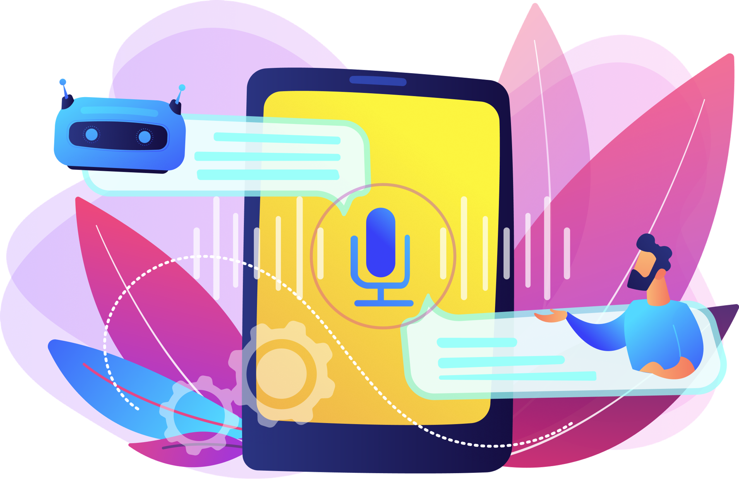 Illustration of a voice assistant app with microphone and chat interface on a smartphone